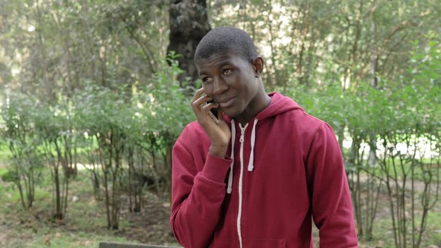 Smiling relaxed american african young man talking by phone in the park