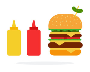 Double burger with cheese and beef and dispenser of ketchup and mustard