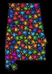Bright vector marijuana Alabama State map collage on a black background. Template with psychedelic weed leaves for weed legalize campaign. Vector Alabama State map is formed from marijuana leaves.