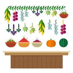 Wooden counter with vegetables, herbs and berries in a basket vector flat isolated