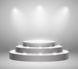 Round pedestal. Stage podium with lighting. Winner podium and Scene with for Award Ceremony concept. Stage backdrop on fog effect.  vector Illustration