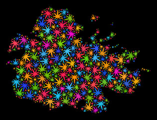Bright vector marijuana Antigua Island map mosaic on a black background. Concept with bright weed leaves for marijuana legalize campaign. Vector Antigua Island map is composed with cannabis leaves.