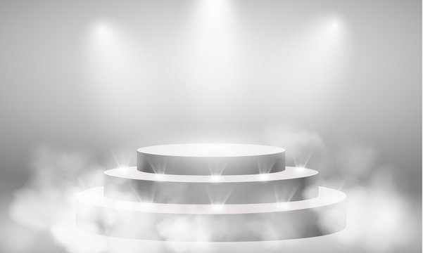 Round pedestal. Stage podium with lighting. Winner podium and Scene with for Award Ceremony concept. Stage backdrop on fog effect.  vector Illustration