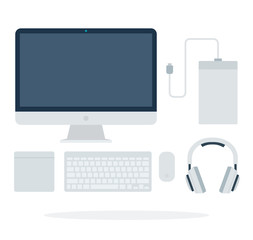 Monitor, computer keyboard, headphones and Power Bank