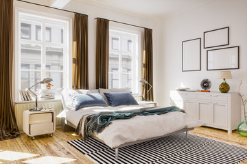 3D rendering von gemütlichem Schlafzimmer mit Bett in Altbau einer Stadtwohnung oder  Wohnung zum mieten oder kaufen bei Tag