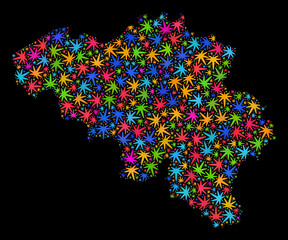 Bright vector cannabis Belgium map mosaic on a black background. Concept with psychedelic herbal leaves for cannabis legalize campaign. Vector Belgium map is created with cannabis leaves.