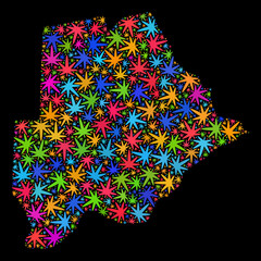 Bright vector marijuana Botswana map collage on a black background. Concept with bright herbal leaves for hemp legalize campaign. Vector Botswana map is created with herbal leaves.