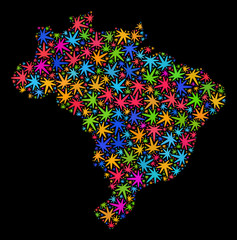 Bright vector cannabis Brazil map mosaic on a black background. Template with bright weed leaves for cannabis legalize campaign. Vector Brazil map is constructed with cannabis leaves.