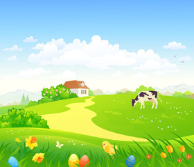 Vector drawing of an Easter scene with eggs and a chicken in the grass