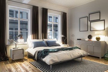 3D rendering von gemütlichem Schlafzimmer mit Bett in Altbau einer Stadtwohnung oder  Wohnung zum...