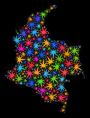 Bright vector cannabis Colombia map collage on a black background. Concept with bright herbal leaves for hemp legalize campaign. Vector Colombia map is constructed with herbal leaves.