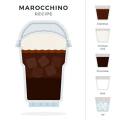 Maroccino Ice Coffee recipe in disposable plastic cup with dome lid vector flat isolated