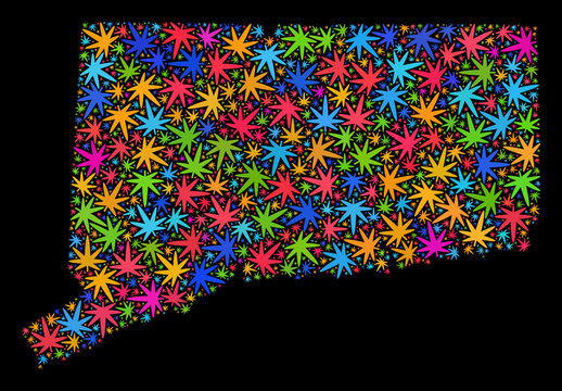Bright vector cannabis Connecticut State map collage on a black background. Concept with colorful weed leaves for weed legalize campaign. Vector Connecticut State map is organized with weed leaves.