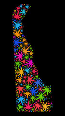 Bright vector marijuana Delaware State map mosaic on a black background. Concept with bright weed leaves for weed legalize campaign. Vector Delaware State map is created with ganja leaves.
