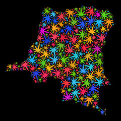 Bright vector marijuana Democratic Republic of the Congo map mosaic on a black background. Concept with colorful herbal leaves for marijuana legalize campaign.