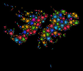 Bright vector marijuana Falkland Islands map mosaic on a black background. Concept with bright herbal leaves for cannabis legalize campaign. Vector Falkland Islands map is formed with cannabis leaves.