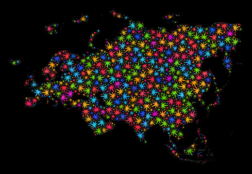 Bright vector marijuana Europe and Asia map collage on a black background. Template with bright weed leaves for cannabis legalize campaign.