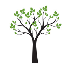 Black Tree with Green Leaves on white background. Vector Illustration.