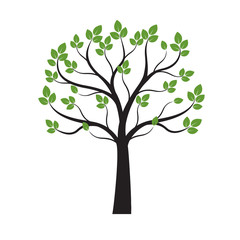 Black Tree with Green Leaves on white background. Vector Illustration.