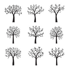 Set of Black Trees with leaves. Vector Illustration.