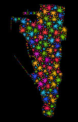 Fototapeta na wymiar Bright vector marijuana Gibraltar map collage on a black background. Concept with colored herbal leaves for marijuana legalize campaign. Vector Gibraltar map is organized with cannabis leaves.