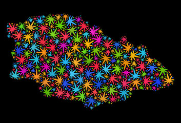 Bright vector cannabis Gozo Island map collage on a black background. Template with psychedelic weed leaves for weed legalize campaign. Vector Gozo Island map is formed with cannabis leaves.