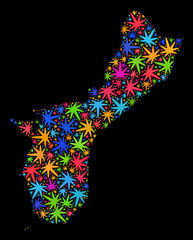 Bright vector marijuana Guam Island map mosaic on a black background. Concept with bright weed leaves for weed legalize campaign. Vector Guam Island map is created with cannabis leaves.