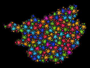 Bright vector marijuana Guangxi Zhuang Region map mosaic on a black background. Concept with bright herbal leaves for marijuana legalize campaign.