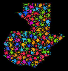 Bright vector marijuana Guatemala map mosaic on a black background. Template with colorful weed leaves for marijuana legalize campaign. Vector Guatemala map is formed with weed leaves.