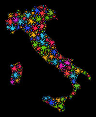 Bright vector marijuana Italy map mosaic on a black background. Concept with multi-colored weed leaves for marijuana legalize campaign. Vector Italy map is formed with weed leaves.