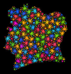 Bright vector cannabis Ivory Coast map mosaic on a black background. Template with bright herbal leaves for hemp legalize campaign. Vector Ivory Coast map is organized of cannabis leaves.