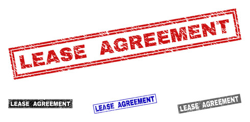 Grunge LEASE AGREEMENT rectangle stamp seals isolated on a white background. Rectangular seals with distress texture in red, blue, black and grey colors.