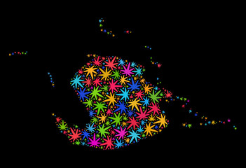 Bright vector cannabis Juventud Island map collage on a black background. Template with colorful weed leaves for cannabis legalize campaign. Vector Juventud Island map is organized with weed leaves.