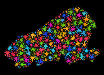 Bright vector marijuana Kahoolawe Island map collage on a black background. Template with colorful weed leaves for marijuana legalize campaign.
