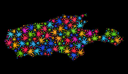 Bright vector marijuana Kangaroo Island map collage on a black background. Template with multi-colored herbal leaves for marijuana legalize campaign.