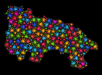 Bright vector cannabis La Rioja of Spain map collage on a black background. Concept with bright weed leaves for marijuana legalize campaign.