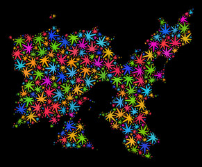 Bright vector marijuana Limnos Island map mosaic on a black background. Template with bright weed leaves for cannabis legalize campaign. Vector Limnos Island map is organized from marijuana leaves.