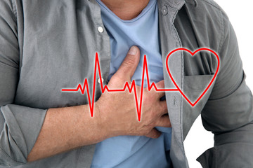 Senior man having heart attack, closeup