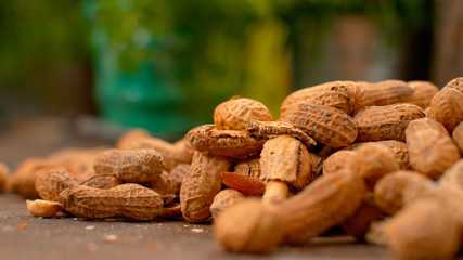 MACRO: Salted and roasted peanuts sit on the dry peanuts still in their shell.