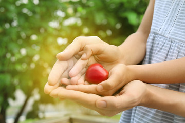 Parent and daughter holding heart in hands, closeup. Volunteer community