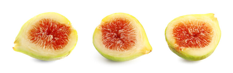 Set of cut delicious ripe figs on white background