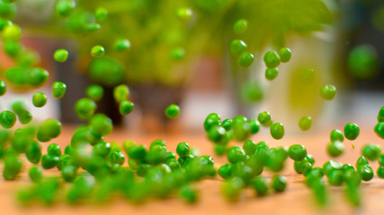 MACRO, DOF: Raw organic peas fall and bounce around the wooden kitchen table.