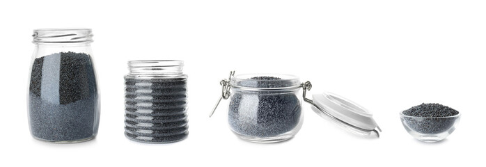 Set of glassware with poppy seeds on white background
