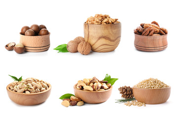 Set of bowls with different organic nuts on white background