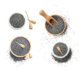 Set of bowls with poppy seeds on white background, top view