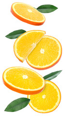 Fototapeta na wymiar Flying juicy orange slices and citrus leaves on white background