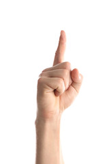 Man pointing at something on white background, closeup of hand