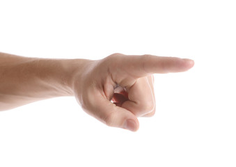 Man pointing at something on white background, closeup of hand