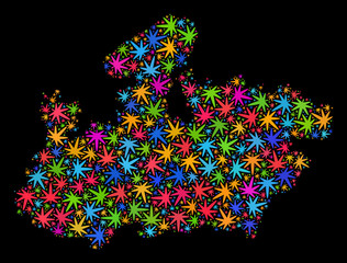 Bright vector marijuana Madhya Pradesh State map collage on a black background. Template with bright herbal leaves for marijuana legalize campaign.