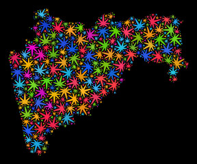 Bright vector marijuana Maharashtra State map collage on a black background. Template with psychedelic herbal leaves for weed legalize campaign.
